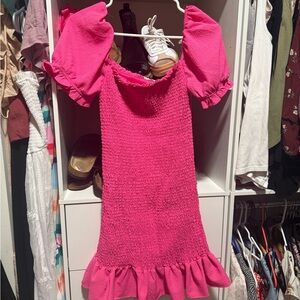 Pinkblush Hot Pink Puff-Sleeve Smocked Ruffle Dress